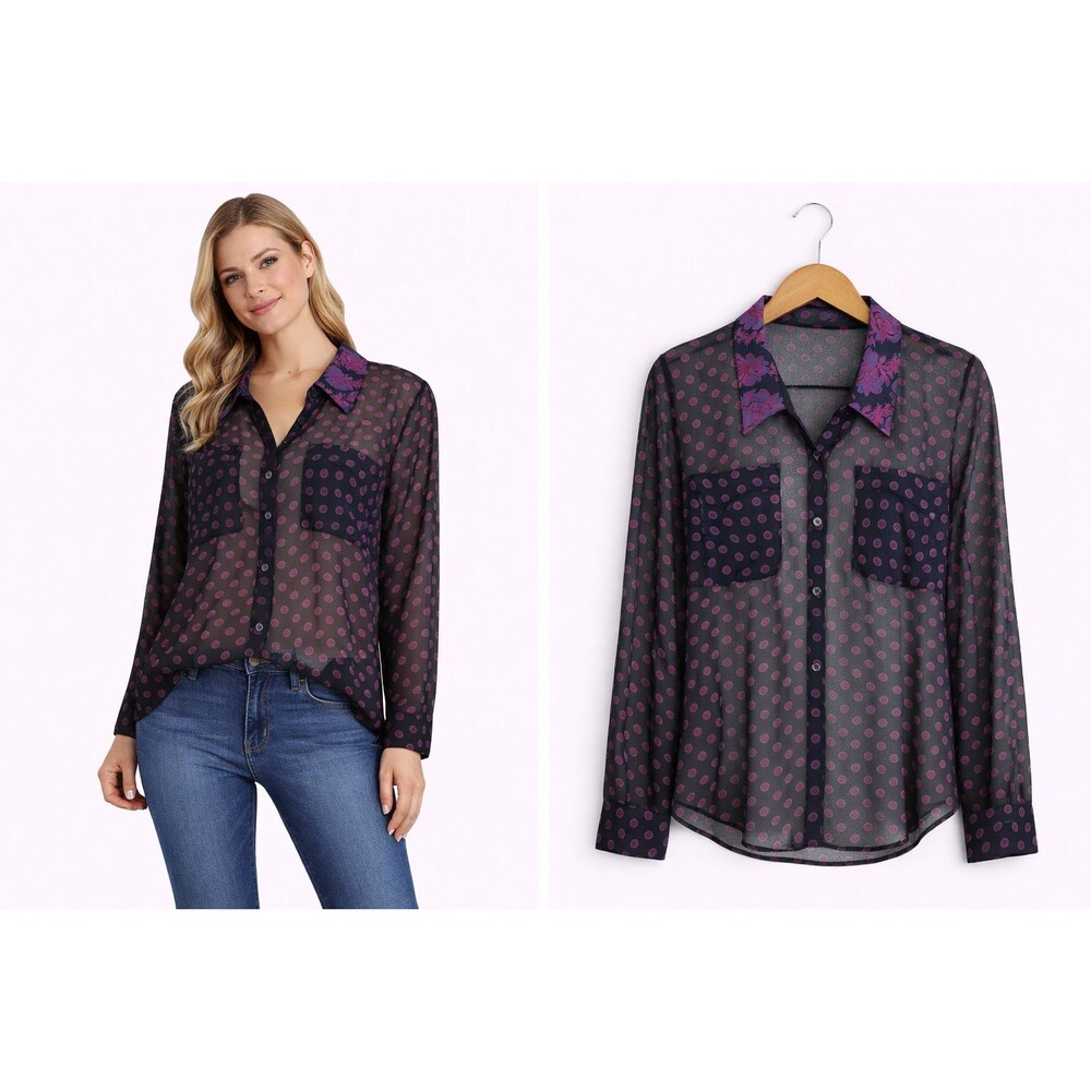 Free People Sheer Blouse Top XS Black Pink Printed Drapey